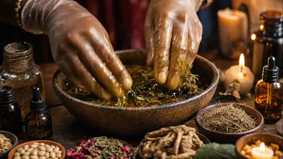 Hands hand-mixing the oil blend in a bowl surrounded by dried herbs and roots by candlelight