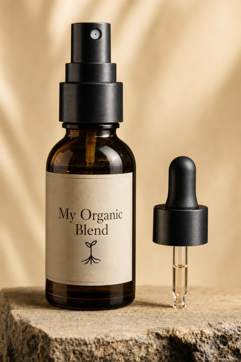 The Signature Root Oil with its matte-black fine-mist spray pump beside the separate precise dropper cap