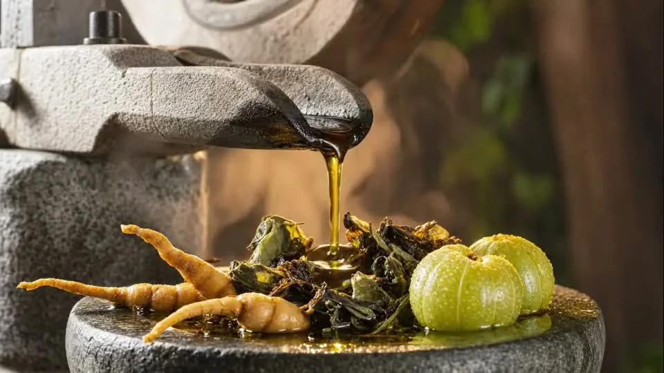 Amber oil cold-pressed and streaming onto fresh roots and herbs