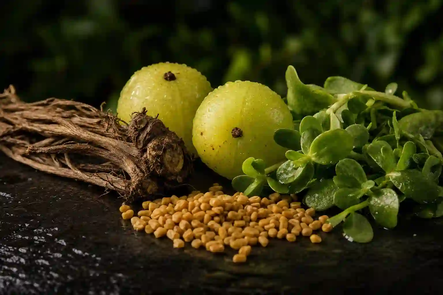Bhringraj root, amla fruit, brahmi leaves, and fenugreek seeds together on dark stone