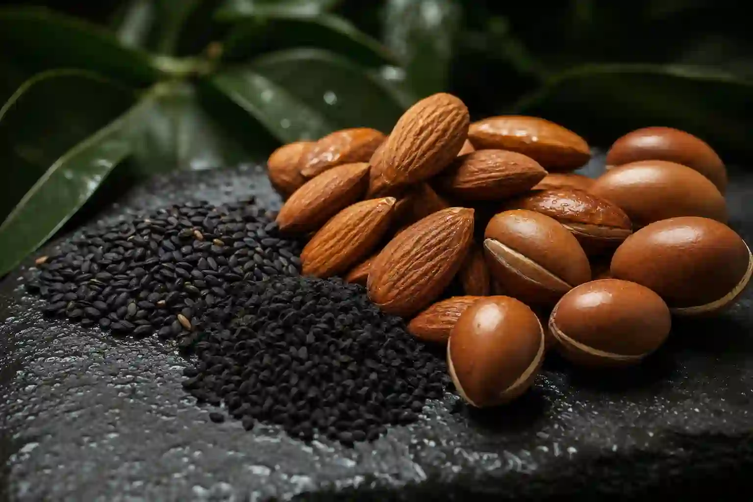 Sesame seeds, kalonji seeds, almonds, and argan nuts together on dark stone