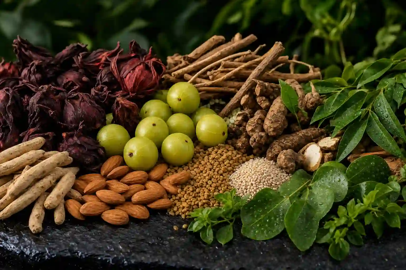 A wide arrangement of many botanicals together — roots, amla, hibiscus, sesame, almonds, and fresh leaves — on dark stone