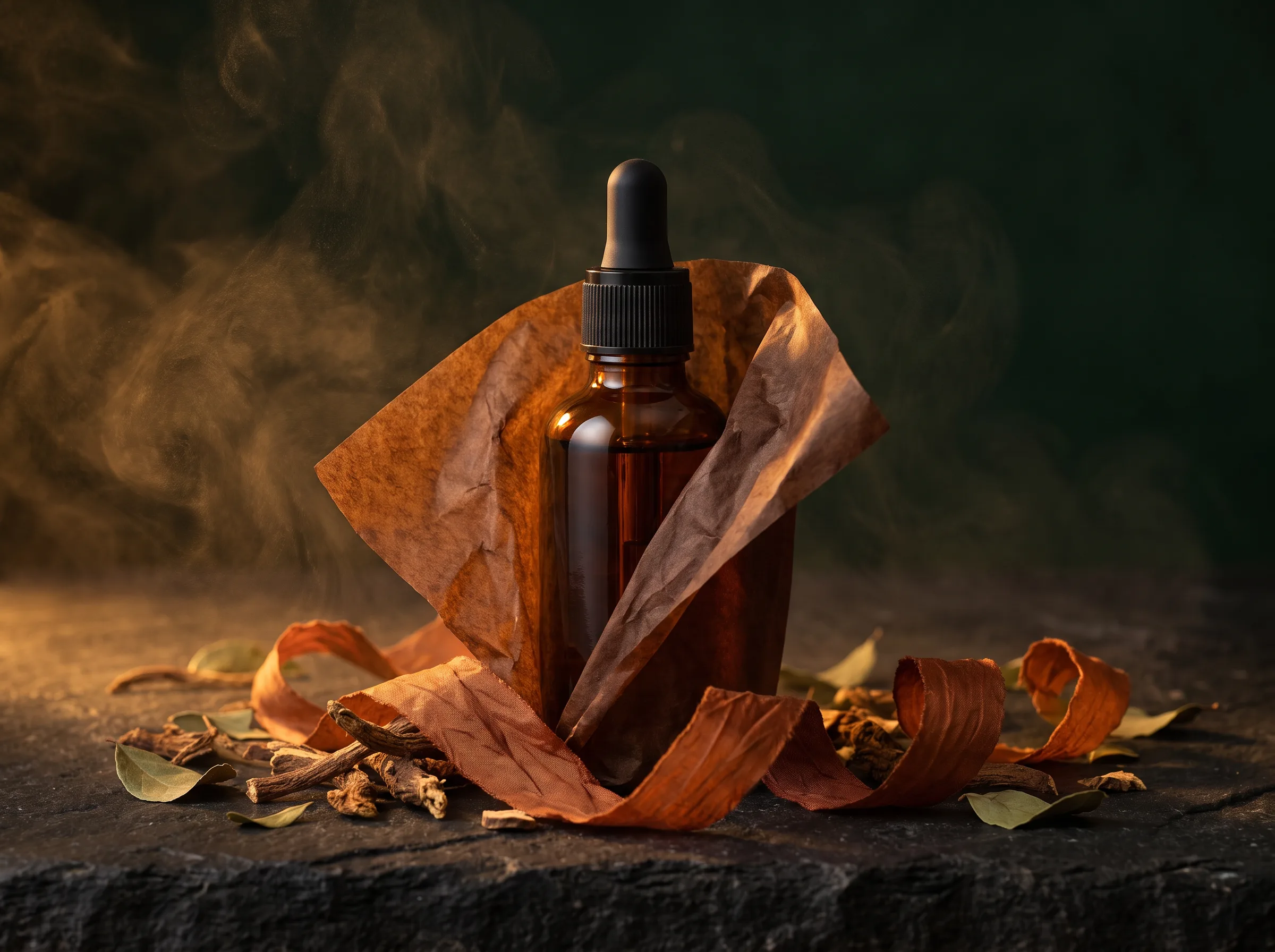An amber bottle wrapped in tissue with a silk ribbon