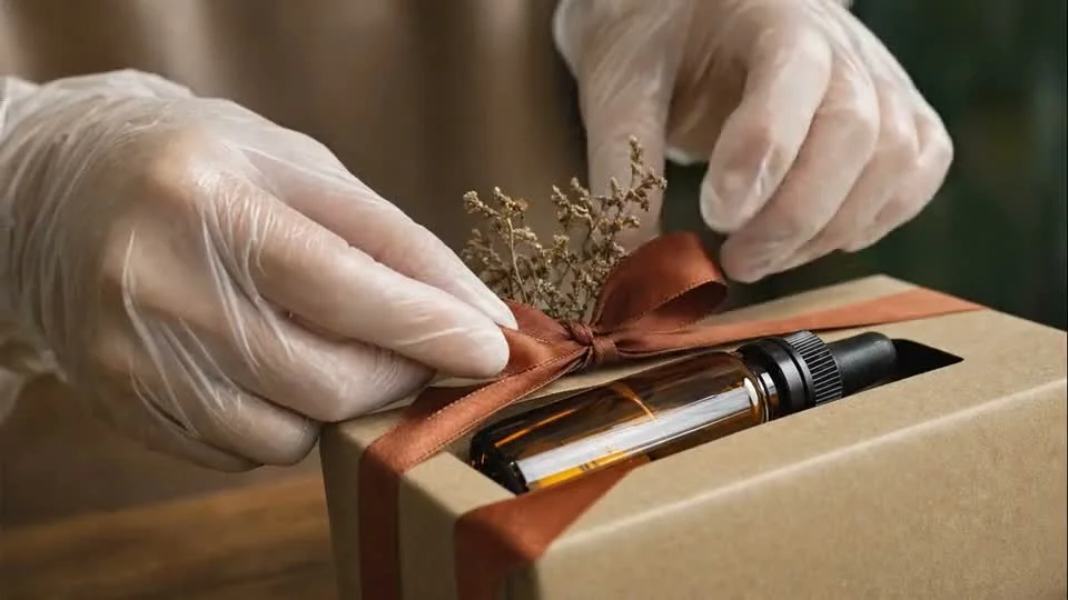 An amber glass dropper bottle wrapped in tissue paper with rust-colored silk ribbon and dried herb accents