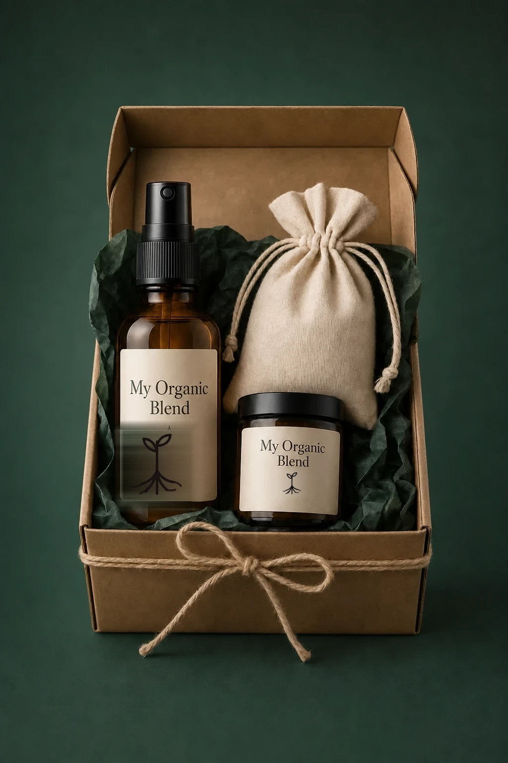 Gift hamper with oil, jar and linen pouch