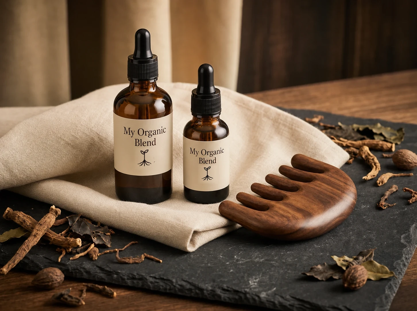 The Founder's Ritual Kit: oil, elixir and wooden scalp tool
